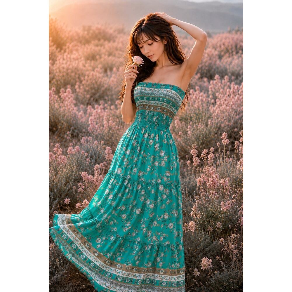 Barefoot Beneath the Palms strapless Smocked flowing boho floral maxi dress M - Picture 2 of 10